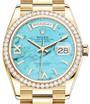 Day Date 36mm in Yellow Gold with Diamond Bezel on Bracelet with Turquoise Roman Diamond Dial