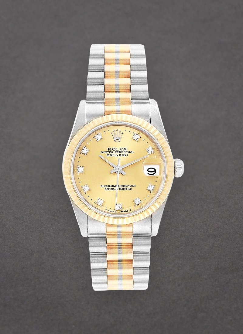 Pre-Owned Rolex Mid Size Tridor President in White Gold with Yellow Gold Fluted Bezel