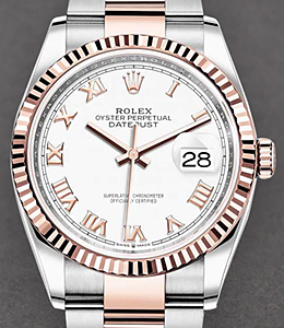 Datejust 36mm in Steel with Rose Gold Fluted Bezel on Oyster Bracelet with White Roman Dial