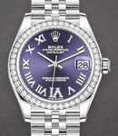 Datejust 31mm in Steel with White Gold Diamond Bezel on Bracelet with Purple Roman Dial - Diamond on 6