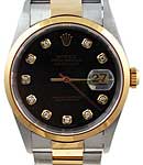 Datejust 36mm in Steel with Yellow Gold Smooth Bezel on Oyster Bracelet with Black Diamond Dial