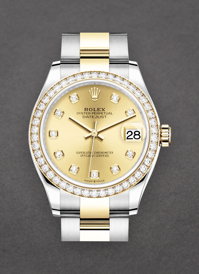 Rolex Unworn Mid Size 31mm Datejust in Steel with Yellow Gold Diamond Bezel