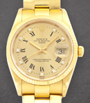 Date 34mm in Yellow Gold with Fluted Bezel on Oyster Bracelet with Champagne Roman Diamond dial