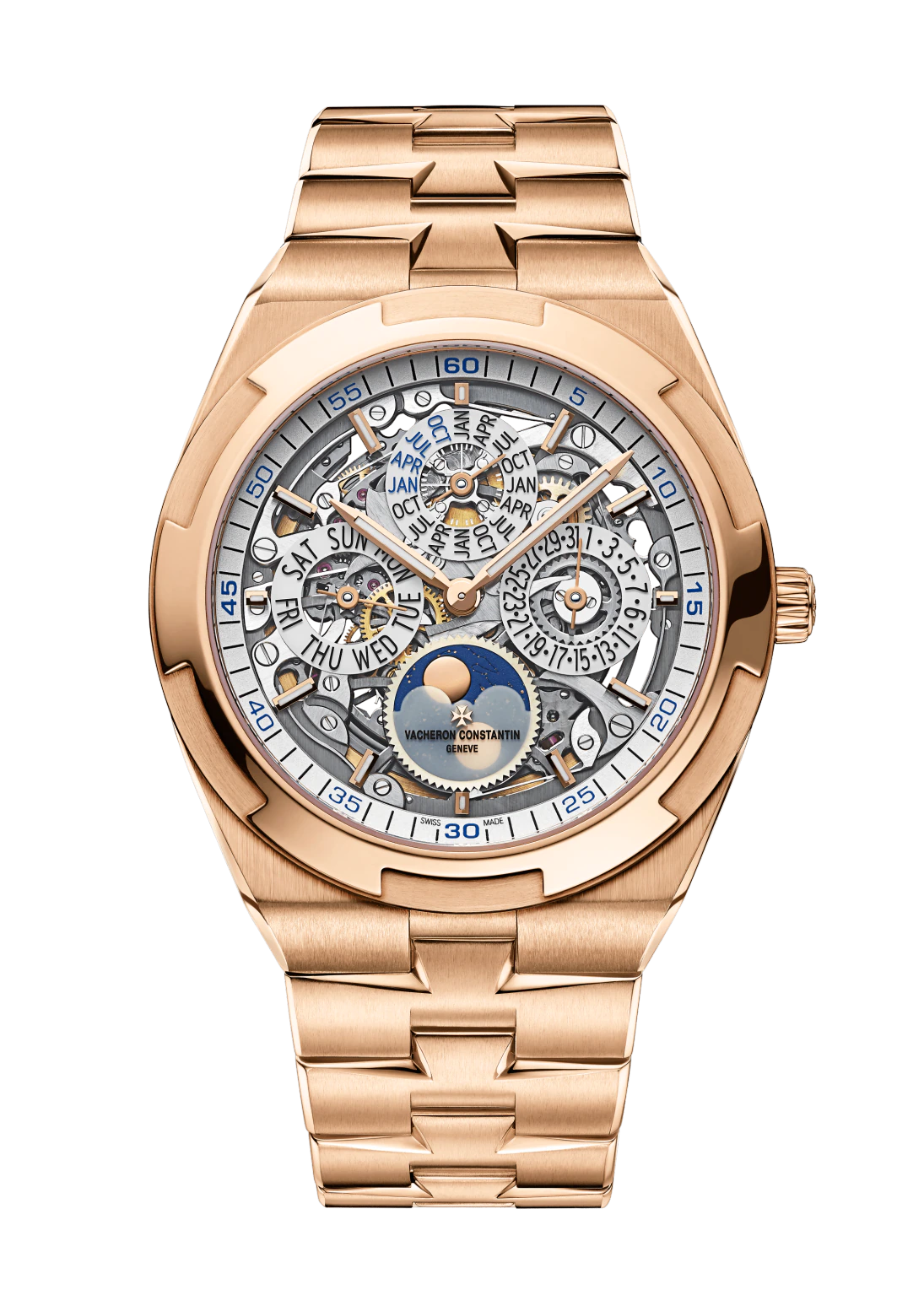 Overseas Ultra Thin Perpetual Calendar on Rose Gold Bracelet Rose Gold Bracelet Skeleton Dial