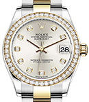 Mid Size 31mm Datejust in Steel with Yellow Gold Diamond Bezel on Oyster Bracelet with Silver Diamond Dial