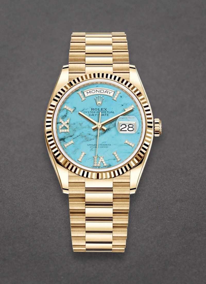 Rolex Unworn President Day-Date 36mm in Yellow Gold with Fluted Bezel