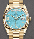 President Day-Date 36mm in Yellow Gold with Fluted Bezel on President Bracelet with Turquoise Roman Diamond Dial