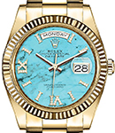 President Day-Date 36mm in Yellow Gold with Fluted Bezel on President Bracelet with Turquoise Roman Diamond Dial