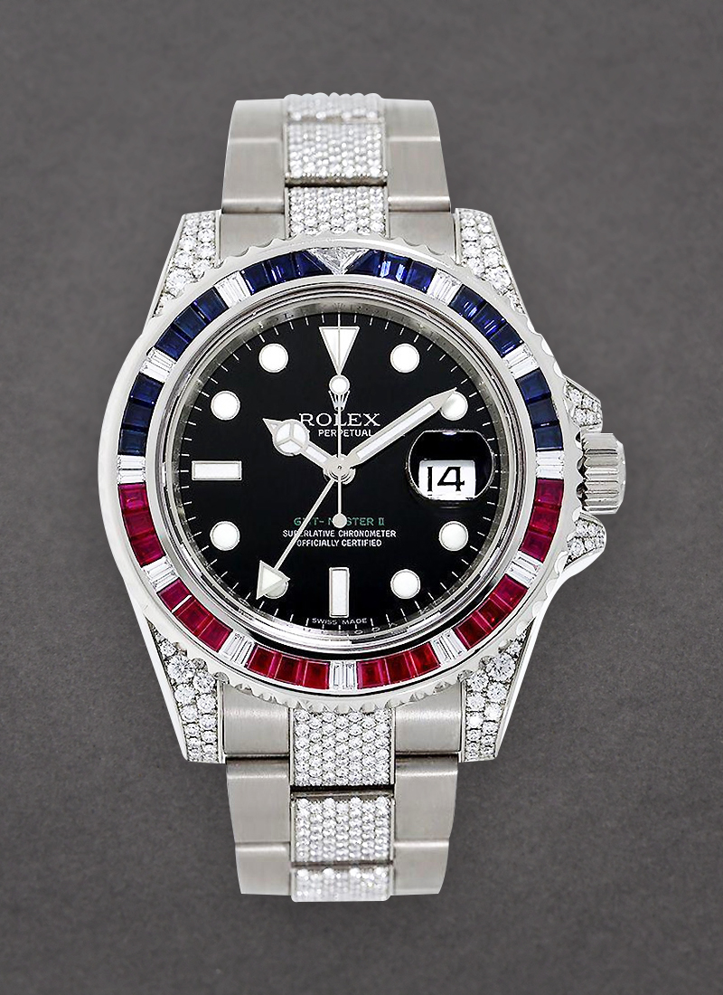 Pre-Owned Rolex GMT Master II 40mm in White Gold with Ruby Baguette Diamond Bezel