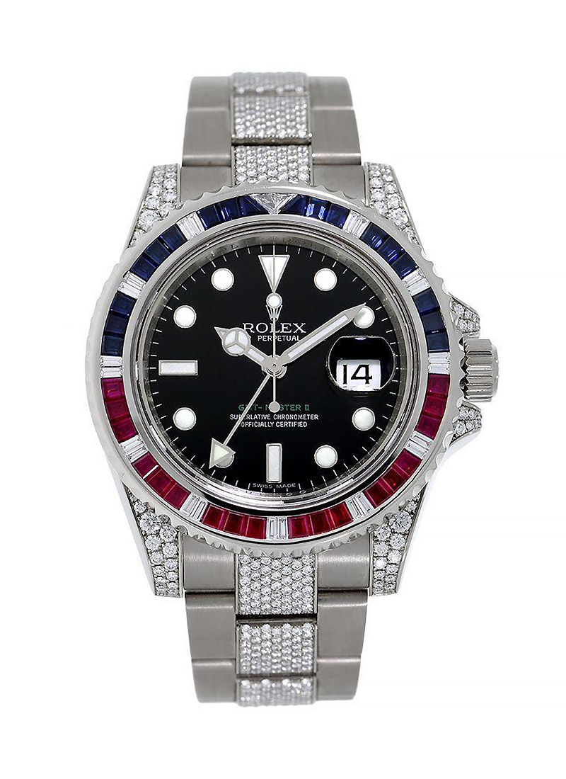 Pre-Owned Rolex GMT Master II 40mm in White Gold with Ruby Baguette Diamond Bezel