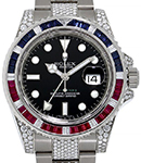 GMT Master II 40mm in White Gold with Ruby Baguette Diamond Bezel on Diamond Oyter Bracelet with Black Dial