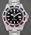 GMT Master II 40mm in White Gold with Ruby Baguette Diamond Bezel on Diamond Oyter Bracelet with Black Dial