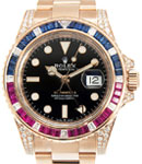 GMT Master II in Rose Gold with Pepsi Saphire Bezel - Diamonds on lugs on Oyster Bracelet with Black Dial