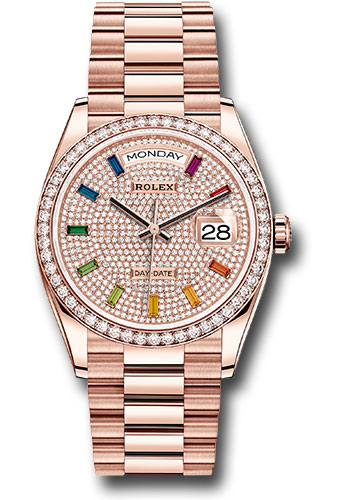 President Day-Date 36mm in Rose Gold with Diamond Bezel on President Bracelet with Pave Diamond and Rainbow Sapphire Dial