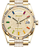 President Day-Date 36mm in Yellow Gold with Fluted Bezel on President Diamond Bracelet with Pave Diamond Dial - Ruby Markers