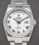 President Day Date 36mm in White Gold with Fluted Bezel on Oyster Bracelet with White Roman Dial