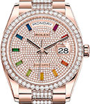 President Day-Date 36mm in Rose Gold with Diamond Bezel on President Bracelet with Pave Diamond and Rainbow Sapphire Dial