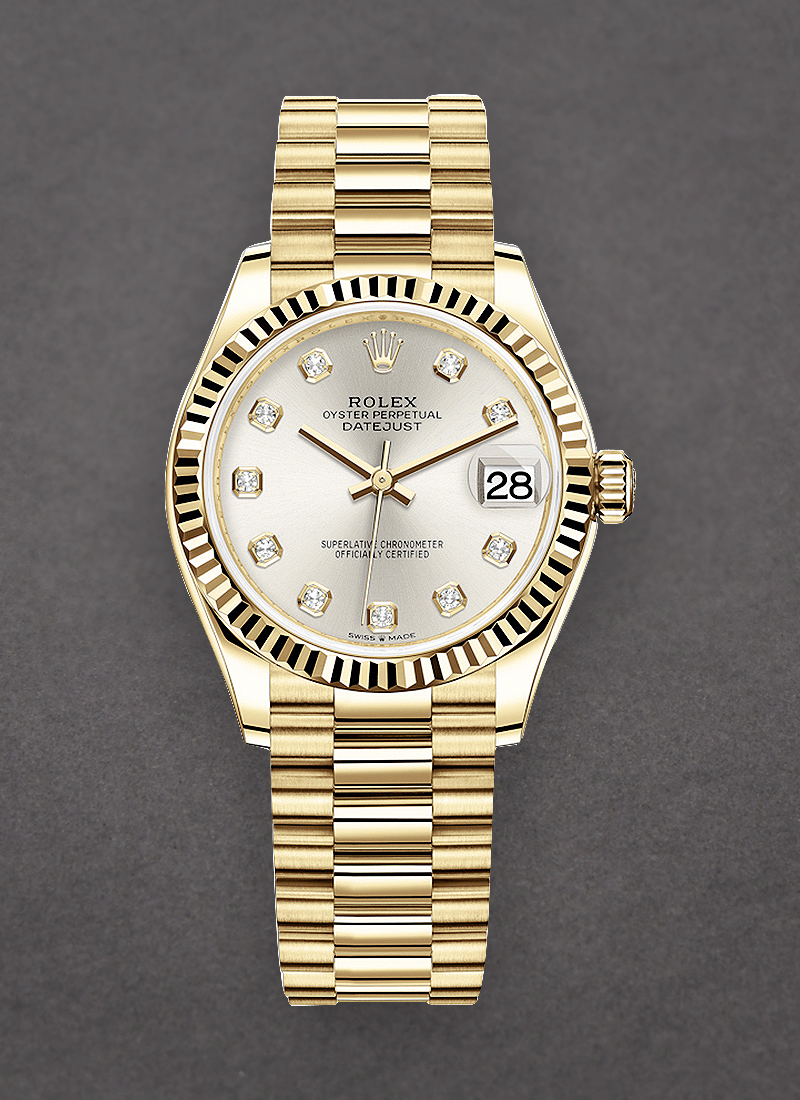 Rolex Unworn President 31mm Mid Size in Yellow Gold with Fluted Bezel