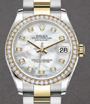 Mid Size 31mm Datejust in Steel with Yellow Gold Diamond Bezel on Oyster Bracelet with MOP Diamond Dial