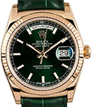 Day-Date President 36mm in Yellow Gold with Fluted Bezel on Green Crocodile Leather Strap with Green Stick Dial