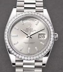 Day Date 40mm in White Gold with Diamond Bezel on President Bracelet with Silver Diamond Dial