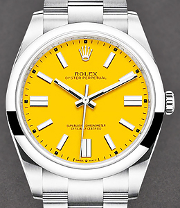 Oyster Perpetual 41mm in Steel with Smooth Bezel  on Steel Oyster Bracelet with Yellow Index Dial