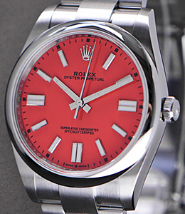 Oyster Perpetual 41mm in Steel with Smooth Bezel  on Steel Oyster Bracelet with Red Index Dial