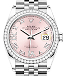 Datejust 36mm in Steel with Diamond Bezel on Steel Jubilee Bracelet with Pink Roman Dial - Diamonds on 6 & 9