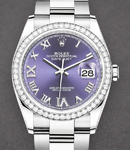 Datejust 36mm in Steel with Diamond Bezel on Steel Oyster Bracelet with Aubergine Roman Dial - Diamonds on 6 & 9