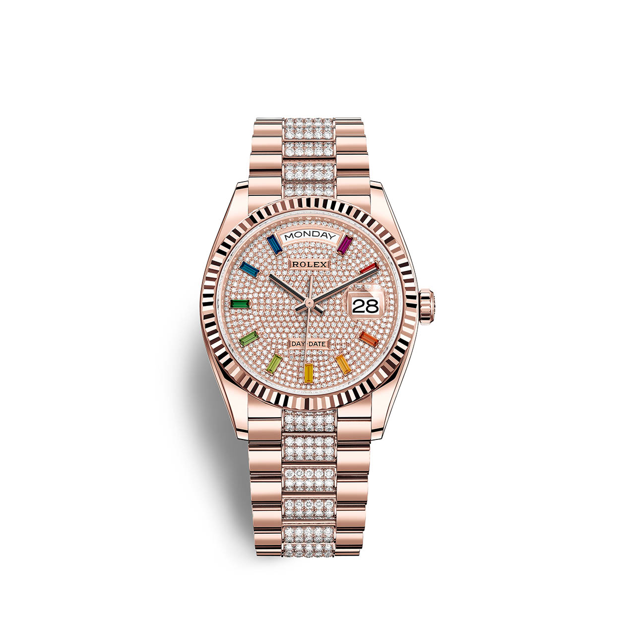 President Day-Date 36mm in Rose Gold with Fluted Bezel  on President Diamond Bracelet with Pave Diamond Dial