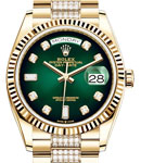 President Day-Date 36mm in Yellow Gold with Fluted Bezel on President Diamond Bracelet with Green Diamond Dial