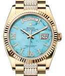 President Day-Date 36mm in Yellow Gold with Fluted Bezel on President Diamond Bracelet with Turquoise Roman Diamond Dial