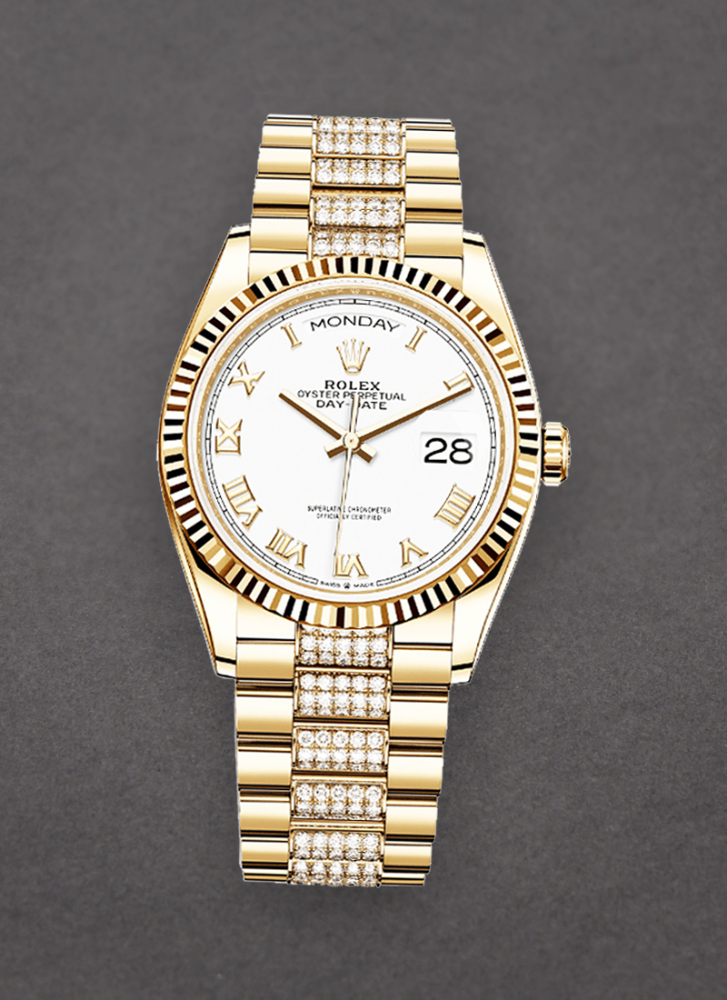 Rolex Unworn President Day-Date 36mm in Yellow Gold with Fluted Bezel