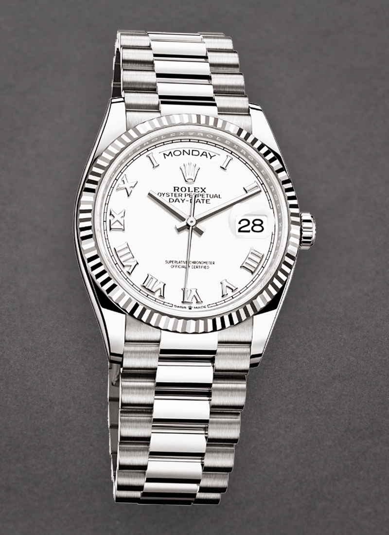 Rolex Unworn President Day-Date 36mm in White Gold with Fluted Bezel