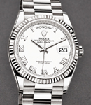 President Day-Date 36mm in White Gold with Fluted Bezel on President Bracelet with White Roman Dial