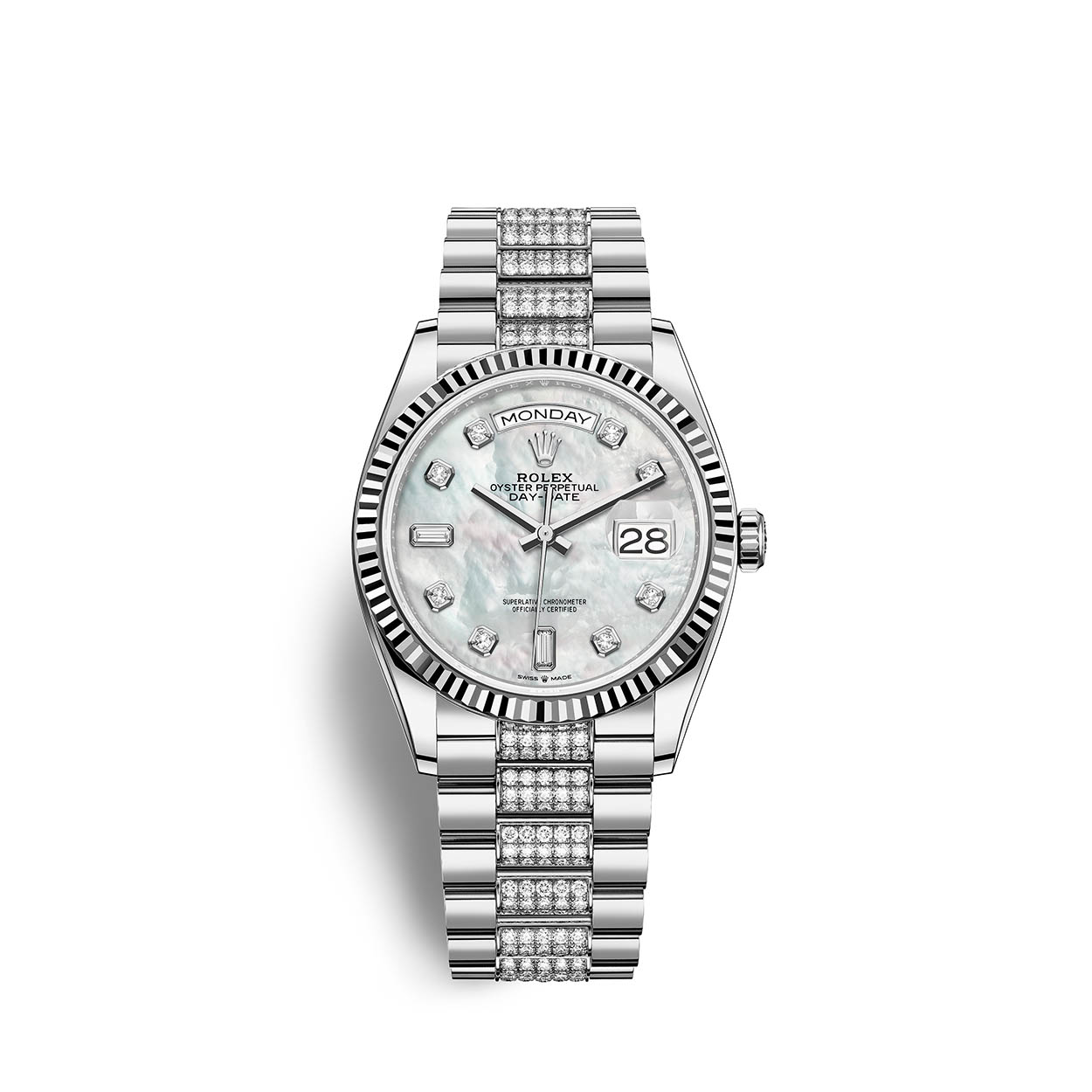President Day-Date 36mm in White Gold with Fluted Bezel on President Diamond Bracelet with MOP Diamond Dial