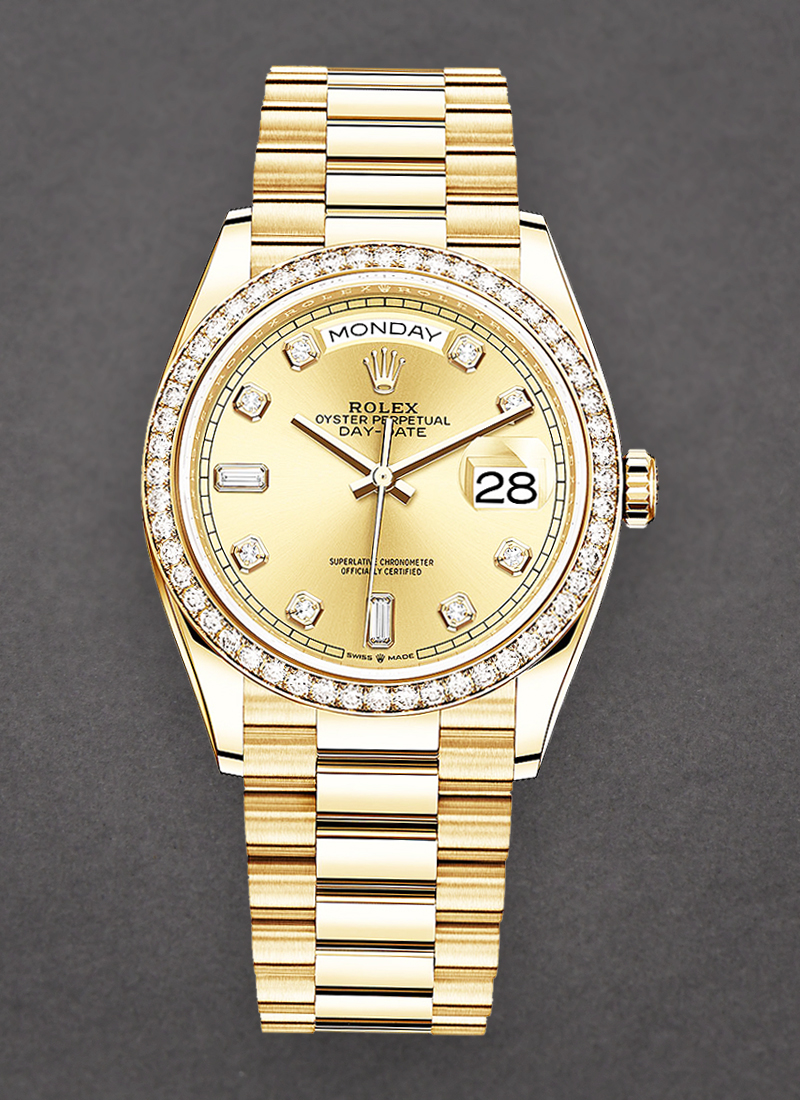 Rolex Unworn Day Date 36mm in Yellow Gold with Diamond Bezel