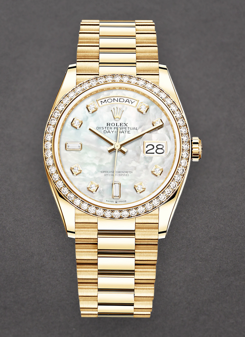 Rolex Unworn Day Date 36mm in Yellow Gold with Diamond Bezel