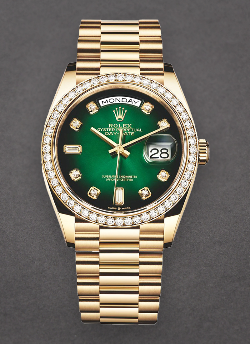 Rolex Unworn Day Date 36mm in Yellow Gold with Diamond Bezel