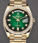 Day Date 36mm in Yellow Gold with Diamond Bezel on Bracelet with Green Diamond Dial