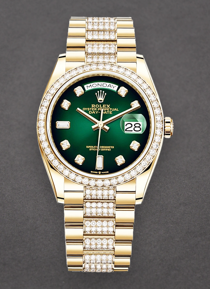 Rolex Unworn Day Date 36mm in Yellow Gold with Diamond Bezel