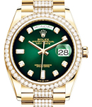 Day Date 36mm in Yellow Gold with Diamond Bezel on President Diamond Bracelet with Green Diamond Dial