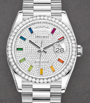 Day-Date 36mm in White Gold with Diamond Bezel on President Bracelet with Pave Diamond Dial - Rainbow Markers