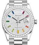 Day-Date 36mm in White Gold with Diamond Bezel on President Bracelet with Pave Diamond Dial - Rainbow Markers