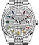 Day-Date 36mm in White Gold with Diamond Bezel on President Diamond Bracelet with Pave Diamond Dial - Rainbow Markers