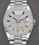 Day-Date 36mm in White Gold with Diamond Bezel on President Diamond Bracelet with Pave Diamond Dial - Rainbow Markers
