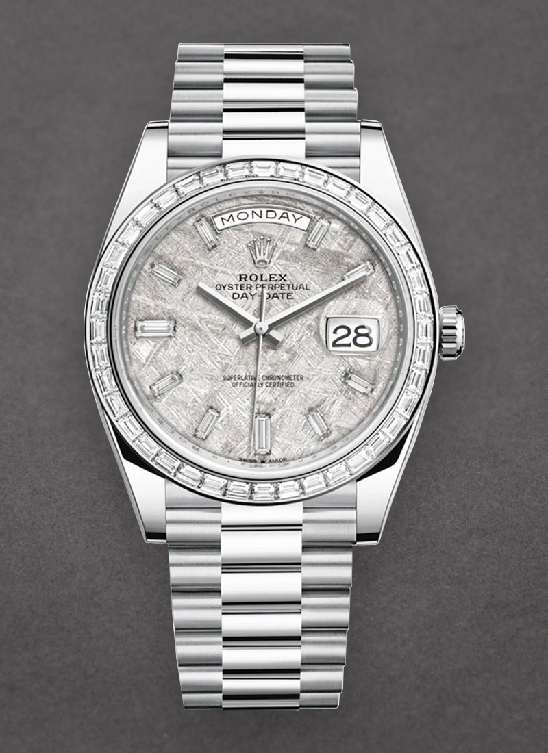 Rolex Unworn Day Date 40mm President in Platinum with Baguette Cut Diamond Bezel