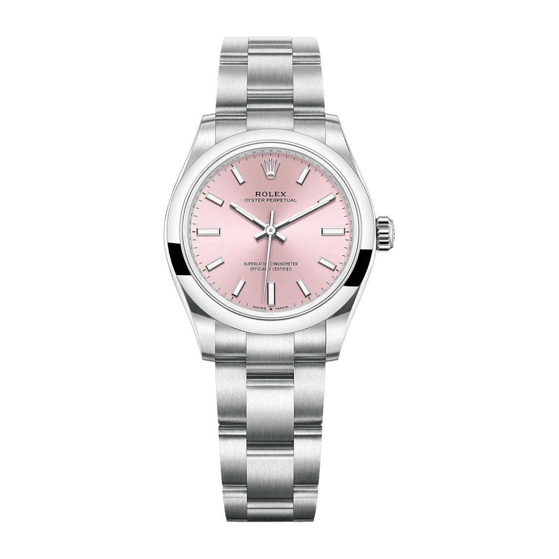 Oyster Perpetual 31mm in Steel with Domed Bezel on Steel Oyster Bracelet with Pink Stick Dial