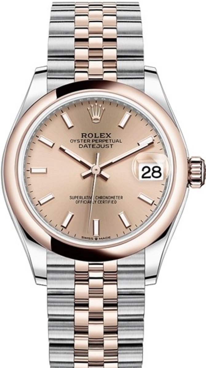 Datejust 31mm in Steel with Rose Gold Domed Bezel on Jubilee Bracelet with Pink Stick Dial