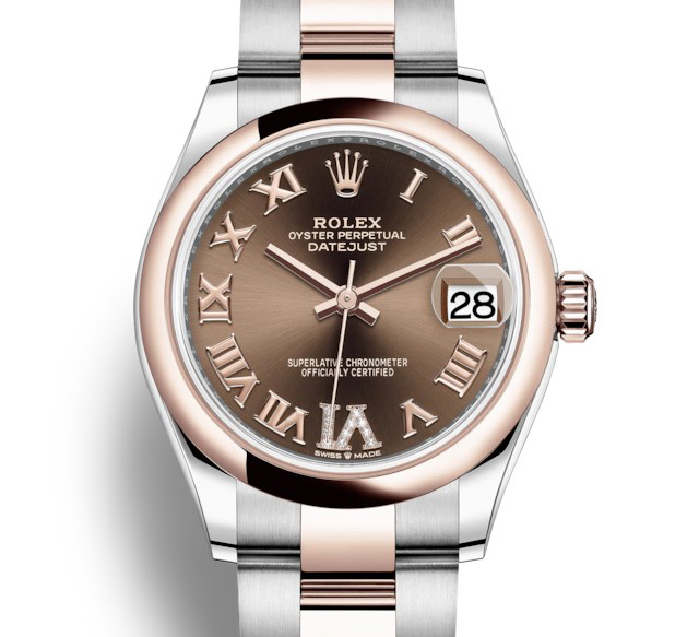 Midsize Datejust 31mm in Steel with Rose Gold Domed Bezel on Oyster Bracelet with Chocolate Roman Dial - Diamonds on 6